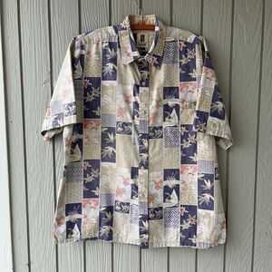Tori Richard Hawaii Shirt L Cranes Koi Patch Print 100% Cotton Aloha